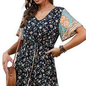 GRECERELLE WOMEN BOHO SUMMER FLORAL PRINT LOOSE CASUAL V NECK DRESS NEW WITH TAG